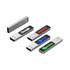 A set of metallic LED flash drives in various colours, featuring multiple logos.