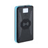 A wireless power bank with a blue and black design featuring a logo and textured surface.