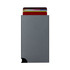 A slim, grey RFID case with colourful cards visible at the top and a rounded corner design.