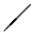 A silver stylus pen with a textured black grip and a rounded tip, featuring a logo on the barrel.