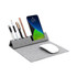A grey foldable mouse pad with slots for pens and a phone, featuring a white mouse on the surface.