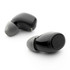 Wireless earbuds in glossy black with grey silicone tips, featuring a sleek design and logo branding.