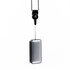 A sleek black and silver wireless speaker, with a hanging strap for easy attachment. It features a logo.