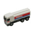 A white and grey toy truck with a red and blue logo. The truck resembles a fuel tanker design.