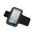 A black armband phone holder featuring a clear protective cover and openings for a secure fit.