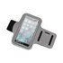 A grey phone armband with a transparent screen cover and compartments for secure phone storage.