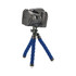 A flexible blue tripod with grey rubber feet, supporting a black camera on top. It features a branding logo.