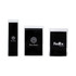 Three press lock pouches in various sizes, featuring logos on a black background. Made from clear plastic.
