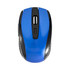 A wireless mouse in vibrant blue with black accents, featuring a scroll wheel and buttons. It has a logo on it.
