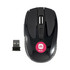 A black wireless mouse with a USB receiver, featuring a round logo on its surface.