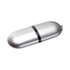 A silver flash drive with a sleek, oval design and a black accent band in the centre, featuring a branding logo.