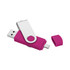 A pink USB flash drive with a white swivel cover and a removable cap. It includes a logo on the body.