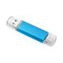 A blue USB flash drive with clear end caps and a sleek design, featuring a logo.
