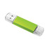 A green USB flash drive with transparent ends, featuring a sleek design and a branding logo.