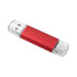 A red USB flash drive with clear ends and a streamlined design. It features a branding logo on the surface.