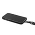 A black phone attached to a lanyard strap, featuring a textured design and a metal clip for secure carrying.