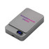 A grey wireless power bank with a digital display and a logo, featuring a sleek, rectangular design.