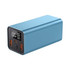 A blue power bank with two USB ports and a digital display, featuring a sleek rectangular design.