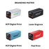 A power bank with options in silver, black, and red; features USB ports and branding area.