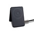 A black magnetic card wallet and wireless charging stand with a cable attached. It features a logo on the surface.