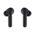 Black wireless earbuds with a sleek design, featuring a shiny surface and soft ear tips.