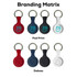A collection of silicone Airtag cases in red, navy, black, and white, featuring various branding options and keyrings.