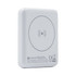 A white magnetic wireless power bank with a circular charging symbol on the surface and a branding logo.