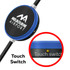 A blue and black touch switch with a logo. The design features a textured cable and a button for activation.