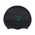 A black swimming cap featuring a logo in green. Designed for use in various water sports.