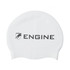 A white swimming cap featuring a logo and the word "ENGINE" in black.