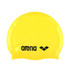 A yellow swimming cap with a logo featuring black branding.