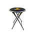 A folding stool with a black padded seat and a grey metallic frame, featuring a logo on the seat.