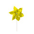 A yellow six-leaf pinwheel with a white stem, featuring six curved leaves that rotate with the wind.