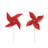 A red four-leaf pinwheel with a white stick. It features four curved blades and has a logo.