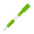 A green and clear pen with a textured grip and a click mechanism on top, featuring a logo.