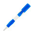 A blue and white pen with a clip and a logo on the barrel.