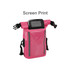 A pink waterproof crossbody handlebar bag with adjustable straps and a transparent front pocket. It features a logo.