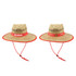 A natural straw hat with a wide red brim and a decorative band featuring a logo.