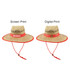 A natural straw hat with a wide brim, featuring red bands and adjustable straps. Two printing styles are presented.