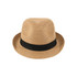 A straw hat in beige with a black ribbon band, featuring a rounded crown and a wide brim.