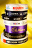 A stack of various satin ribbons in black, white, and purple, featuring logos and branding.