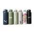A drink bottle collection featuring navy, olive green, white, and black bottles with various designs and logos.