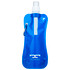 A drink bottle featuring a blue water pouch design with a clear section and a carabiner attachment.