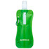 A drink bottle in a vibrant green colour with a spray nozzle and a carabiner clip, featuring a logo.