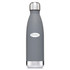 A drink bottle in grey with a stainless steel cap and a logo on the body.