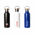 A drink bottle collection featuring a black, white, and blue stainless steel design with various logos and a bamboo lid.