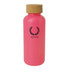 A pink drink bottle with a cork lid and a logo on the front.