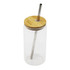A drink bottle with a clear body, stainless steel straw, and bamboo lid. Features a logo on the lid.
