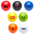 A collection of eight stress balls in various colours: red, black, blue, green, orange, white, and yellow, featuring different logos.