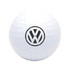 A white stress ball in the shape of a golf ball, featuring a black logo in the centre.
